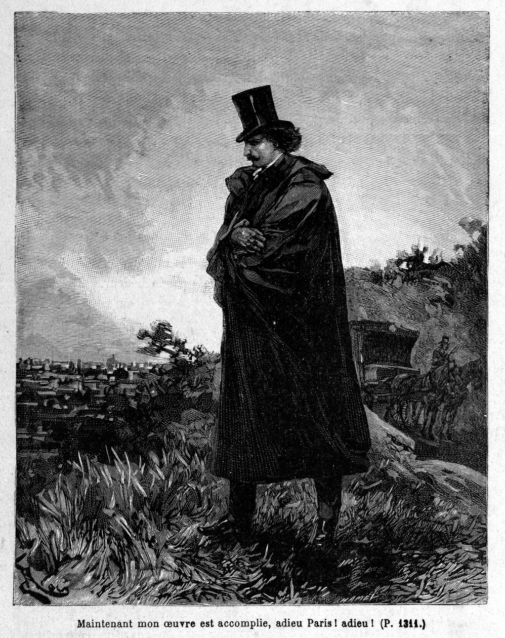 Edmond Dantès, el Conde de Montecristo dejando París - Grabado por Riou, en "El Conde de Montecristo" por Alexandre Dumas, Rouff & Cie de Edouard Riou
