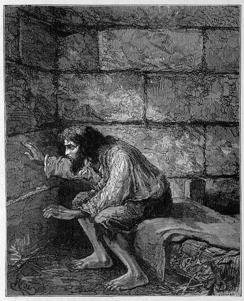 Edmond Dantès, el Conde de Montecristo en su prisión - Grabado por Riou, en “El Conde de Montecristo” por Alexandre Dumas, Rouff & Cie de Edouard Riou