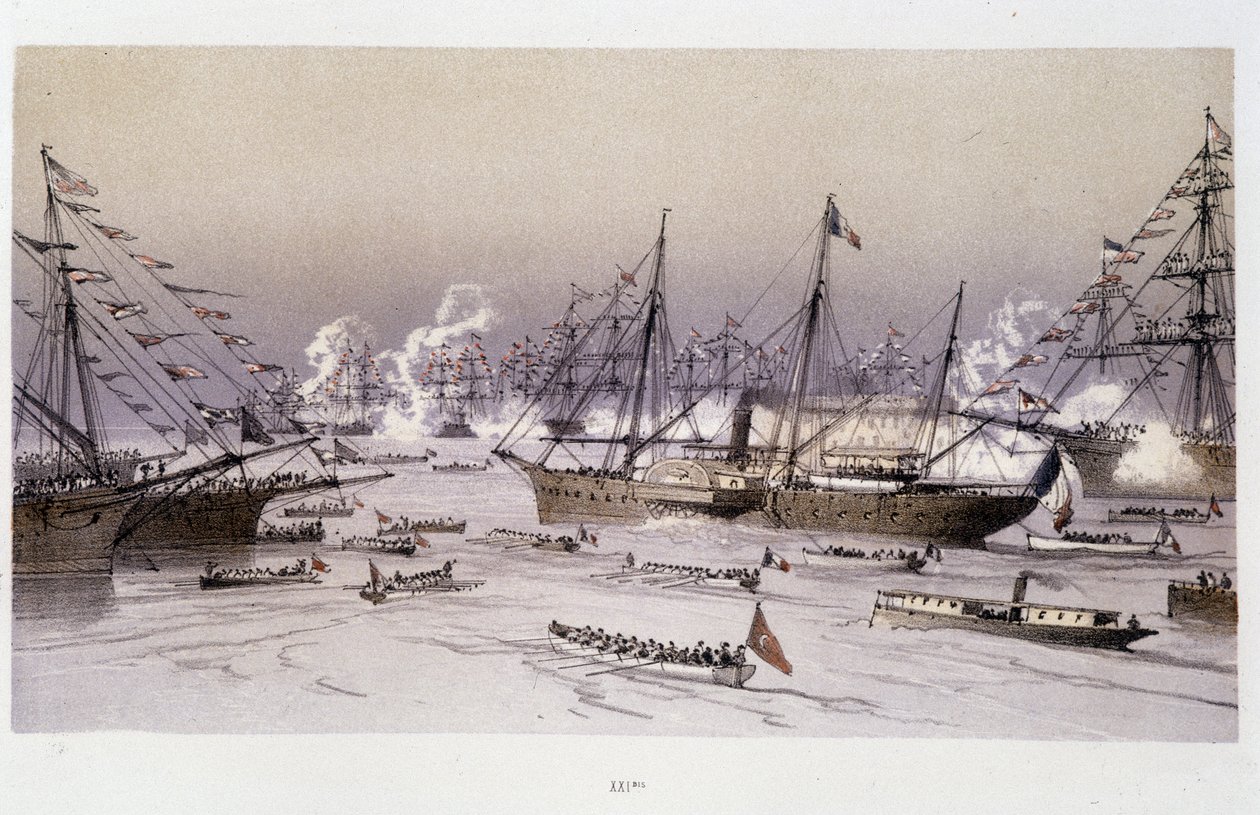 Entrada del Águila a Port Said para la inauguración del Canal de Suez - en “A través del Istmo de Suez” de Riou, Marius Fontaine de Edouard Riou