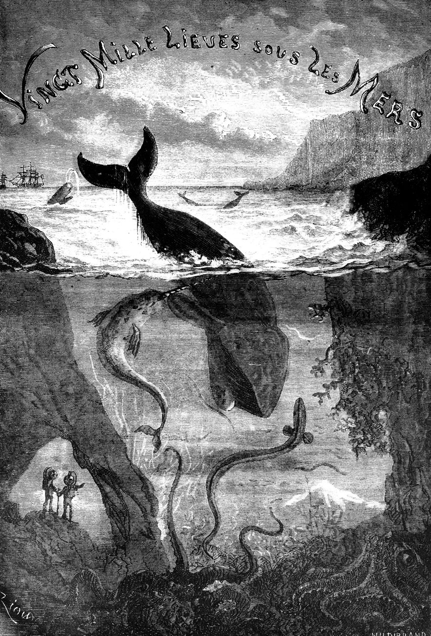 Frontispicio de la novela de Julio Verne 20.000 leguas de viaje submarino de Edouard Riou