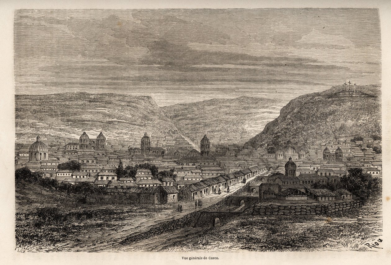 Vista general de Cusco o Cuzco, antigua capital de los Incas, dibujo de Riou, para ilustrar el viaje de Paul Marcoy por Sudamérica de 1848 a 1860. Grabado en "Le tour du monde", editado por Edouard Charton de Edouard Riou