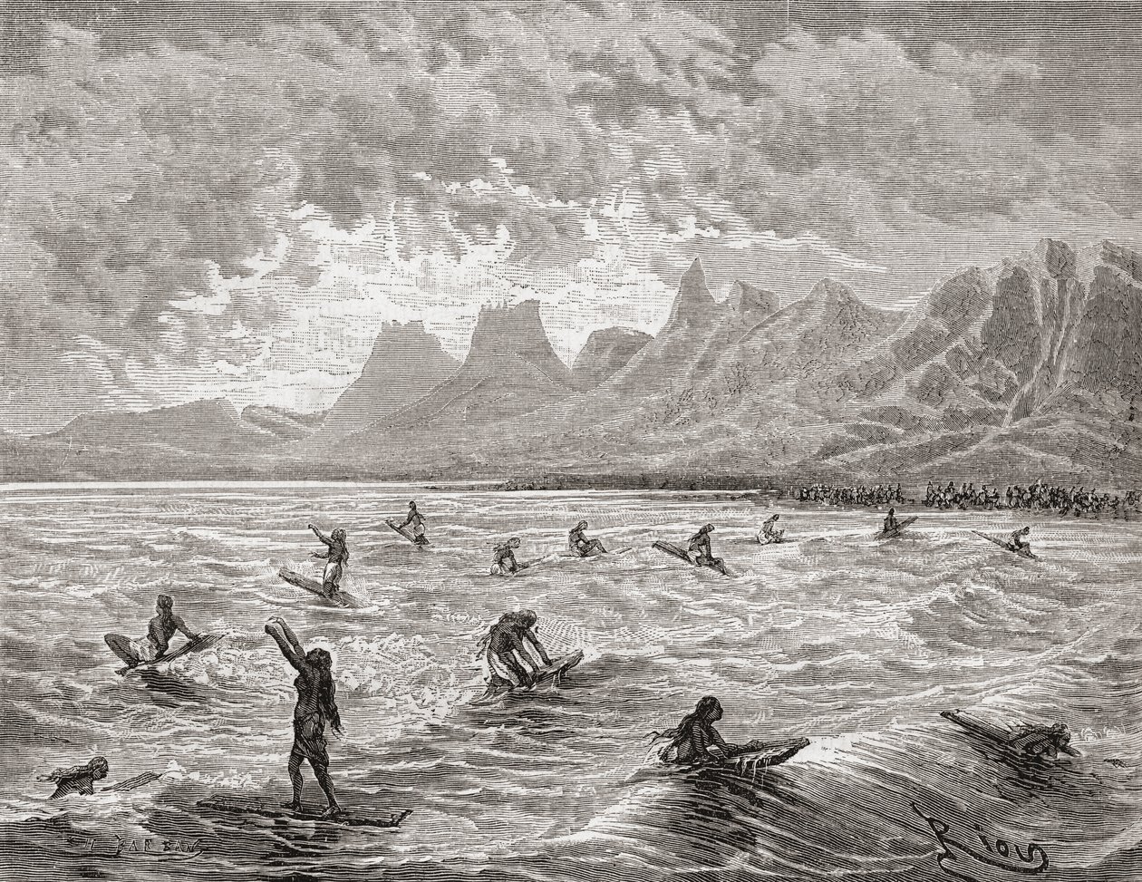 Hawaianos surfeando, ilustración de 