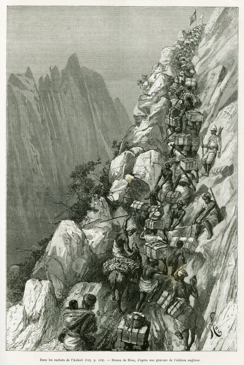 En las rocas de Ankori. Grabado por Riou, para ilustrar la historia En las sombras de África, investigación descubierta y retirada por Emin Pacha de Edouard Riou