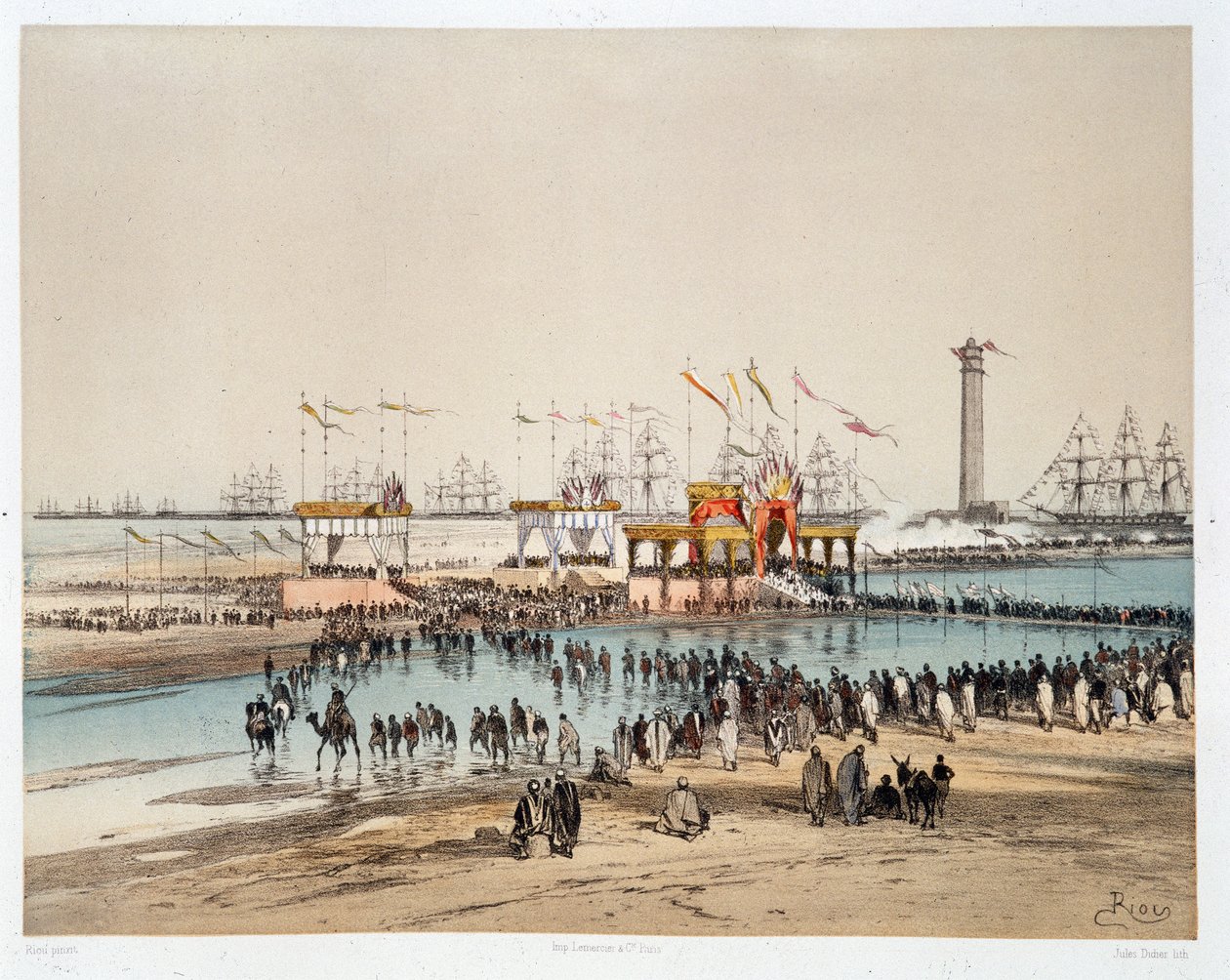 Inauguración del Canal de Suez en Port-Said (Port Said) - en “A través del istmo de Suez” por Riou, Marius Fontaine de Edouard Riou