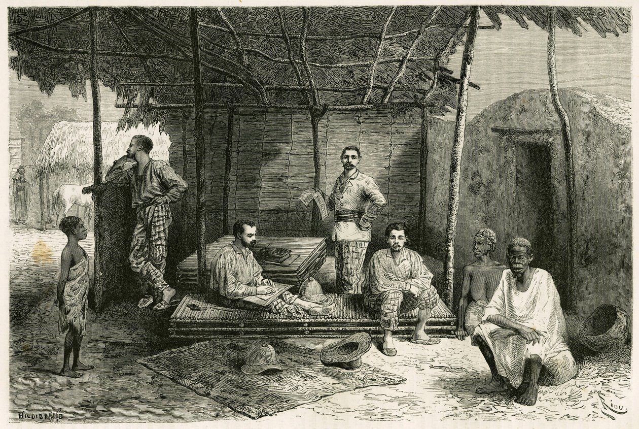 Instalación de la misión en Nango, para una estancia de 10 meses, con retratos de Gallieni y sus capitanes Valliere y Pietri, el Doctor Tautain así como sus intérpretes, guía y cantinera. Grabado de Riou, basado en un boceto del autor, para ilustrar de Edouard Riou