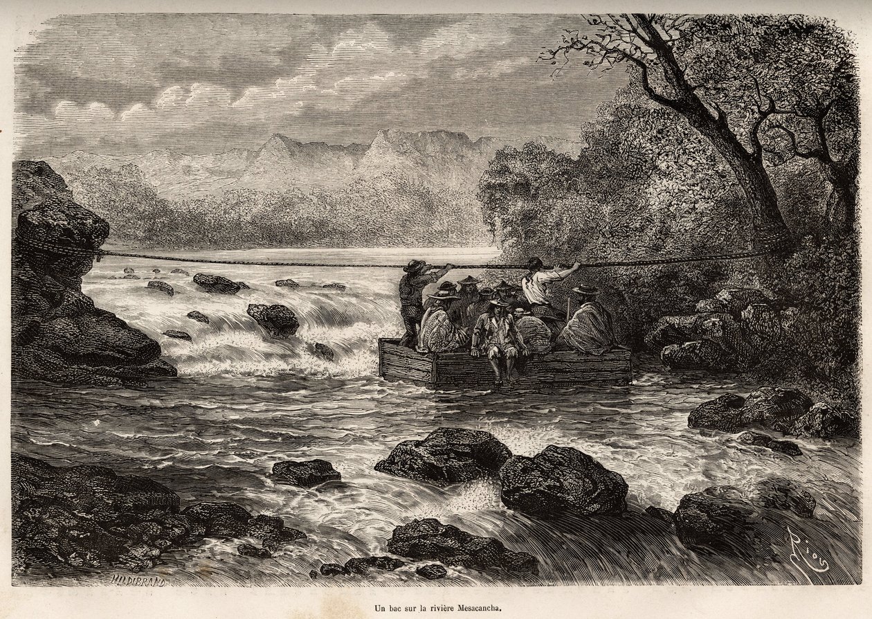 La travesía por el bac de la Riviere Mesacancha (Perú), grabado por E.Riou ilustrando el viaje en las montañas, el valle de Huarancalqui y las regiones de Pjonal, de 1862 a 1863, por Paul Marcoy, publicado en "Le tour du monde" 1875 de Edouard Riou