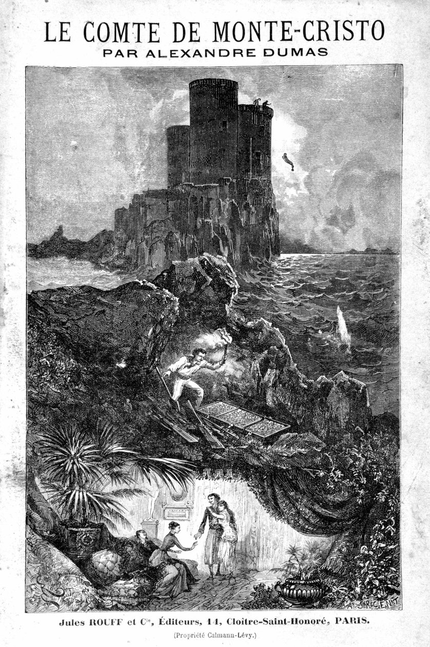 El castillo de If, el descubrimiento del tesoro y el regreso a París - Grabado de Riou, en "El Conde de Monte-Cristo" por Alexandre Dumas, Rouff & Cie de Edouard Riou