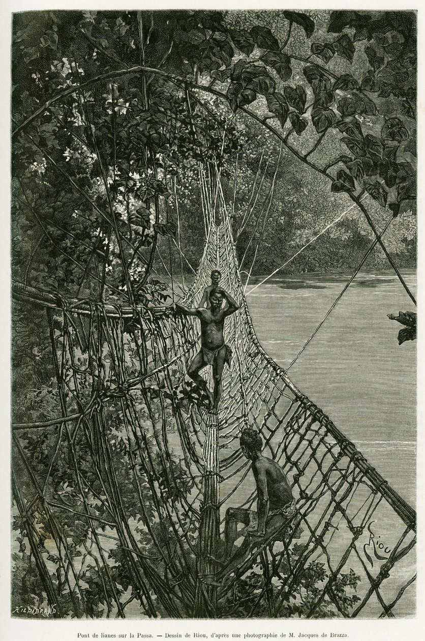 Puente de lianas sobre el Passa. Grabado por Riou, para ilustrar la historia Viajes en el oeste africano de Edouard Riou