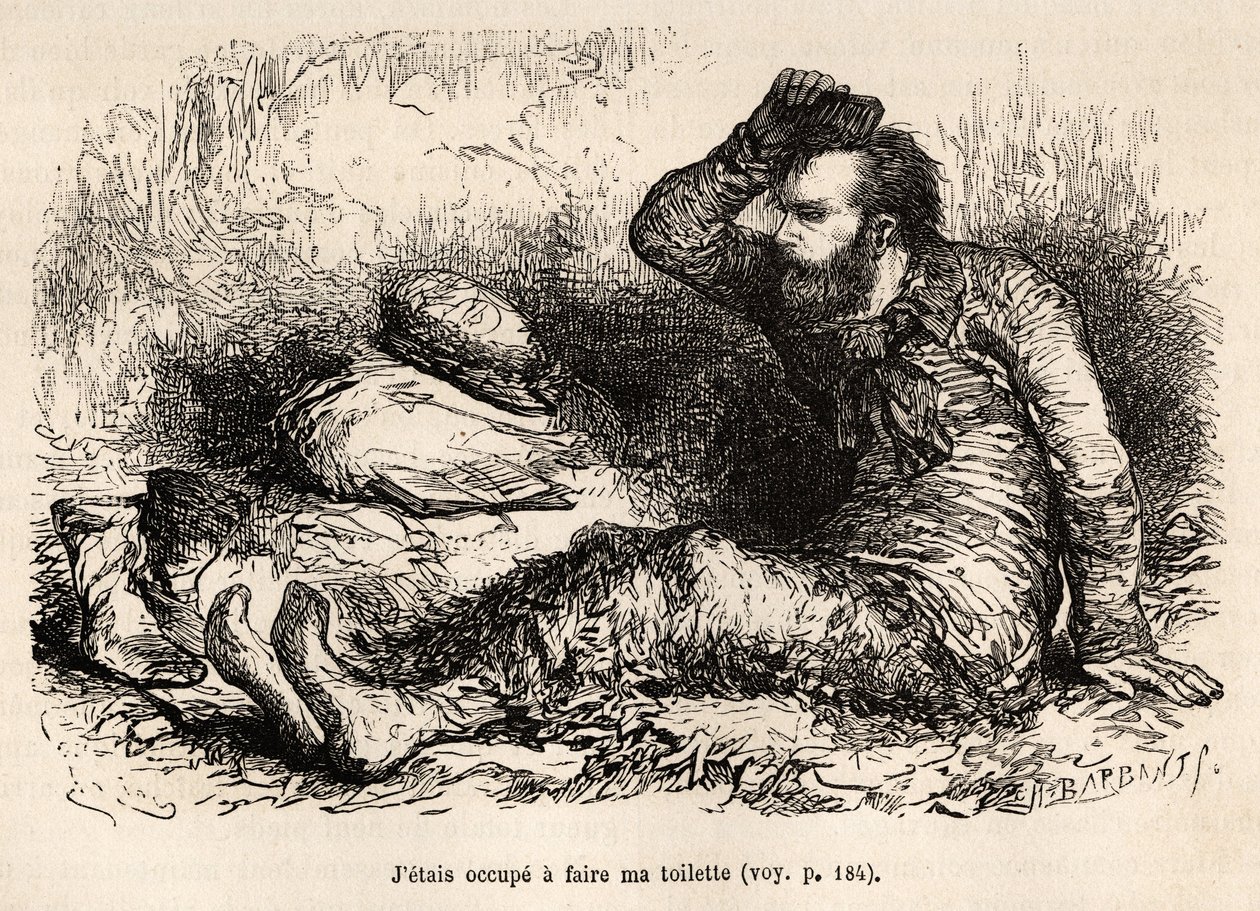 El teniente Tyson ocupado en su aseo matutino, un peine antes de ponerse las botas, grabado según un dibujo de E.Riou, ilustrando la historia del Polaris, balsa de hielo, por el teniente Tyson, en 1870-1873, publicado en 