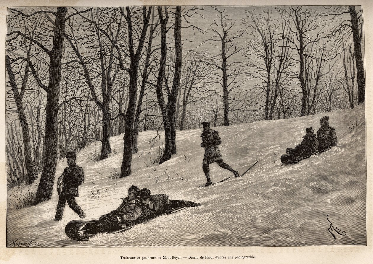 Trineos y patinadores en el plateau del Mont-Royal, cerca de Montreal, ilustración de la excursión a Canadá y el río Rojo del norte, por H. De Lamotte, en 1873, publicado en “Le tour du monde” 1875, editado por Edouard Charton de Edouard Riou