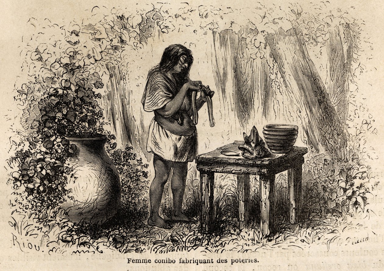 Fabricación de cerámica por un indio Conibo de Perú, dibujo de Riou para ilustrar el viaje, de 1848 a 1860, de P. Marcoy, del Océano Pacífico al Océano Atlántico. Grabado en “Le tour du monde”, editado por Edouard Charton de Edouard Riou