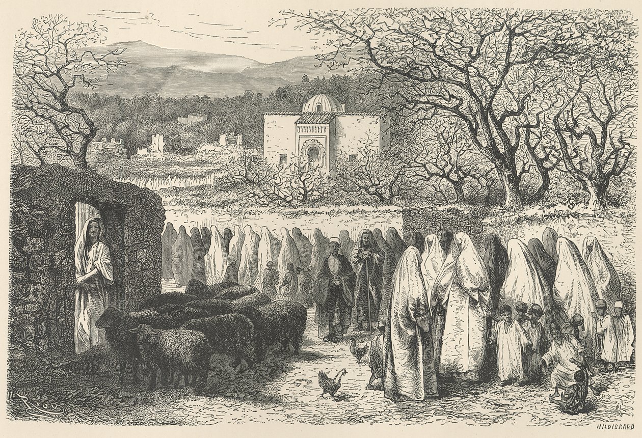 Marabout y procesión: Tlemcen, grabado por Henri Theophile Hildibrand (1824-97) de Edouard Riou