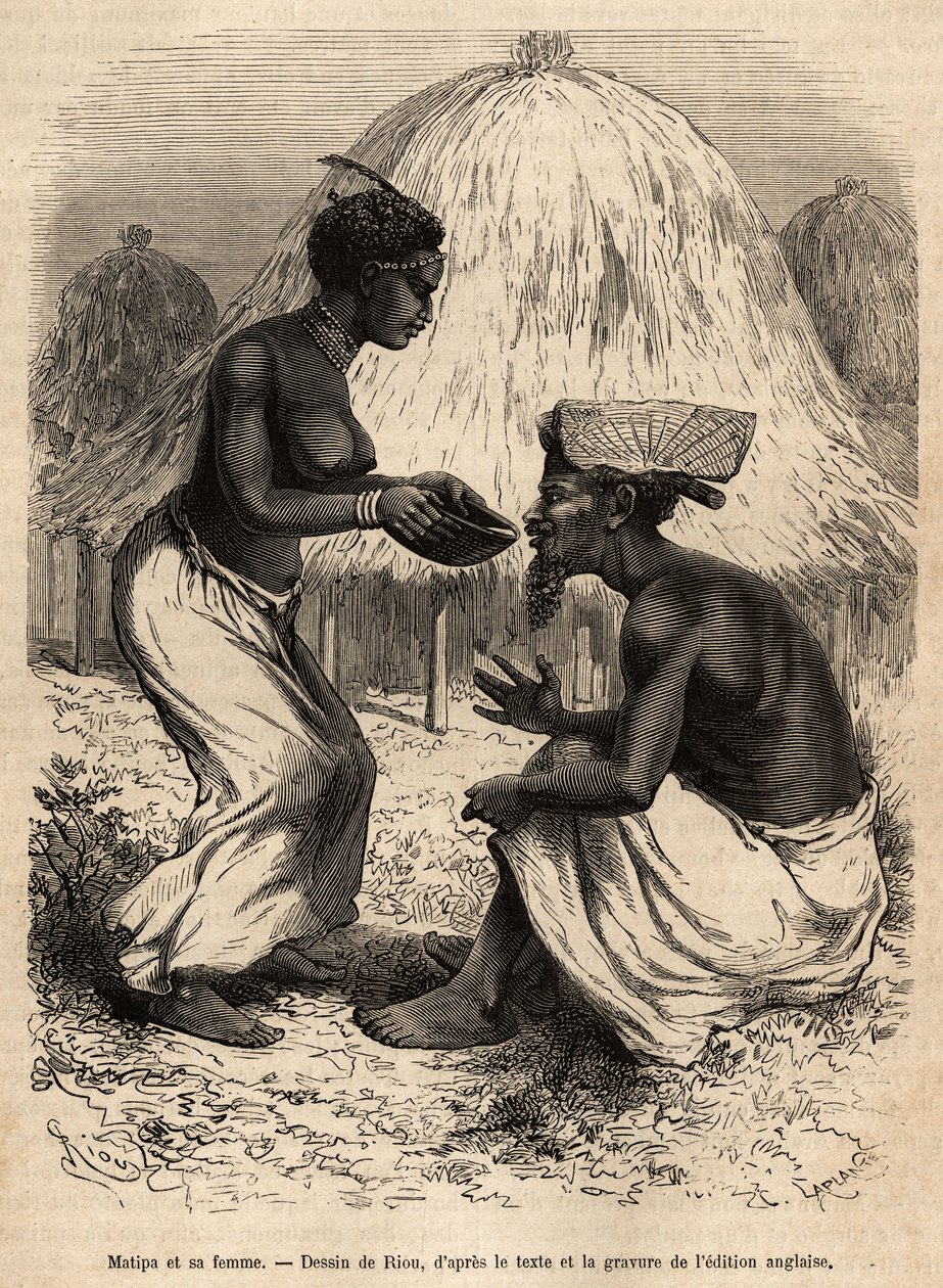 Matipa, un indígena que proporcionó canoas al equipo de Livingstone, fue servido de beber por su esposa, grabado después de un dibujo de Riou, ilustrando el último diario de David Livingstone (1813-1873), en 1866-1873, publicado en “Le tour du monde” 1875 de Edouard Riou