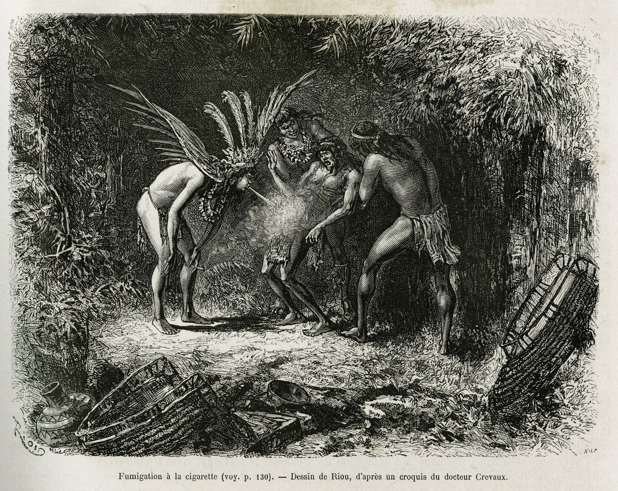 Fumigación médica con cigarrillos en los indios Roucouyan. Grabado por Riou, ilustración de la historia de Cayena a los Andes, por Jules Crevaux, médico de la marina francesa, en 1878-1879, publicado en el Tour du monde, bajo la dirección de Edouard Charto de Edouard Riou