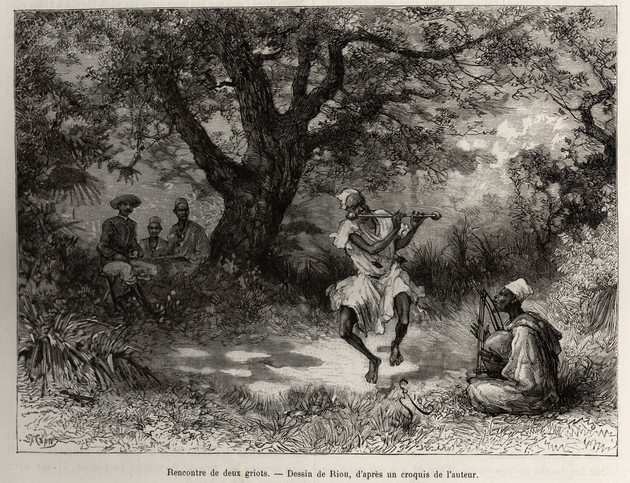 Encuentro con dos griots, el Capitán Binger, sentado a la sombra, disfruta del espectáculo. Ilustración de “From Niger to the Gulf of Guinee” por el Capitán Louis Gustave Binger (1856-1936), en 1887-1889, en Le tour du monde, nouveau journal des voyages de Edouard Riou
