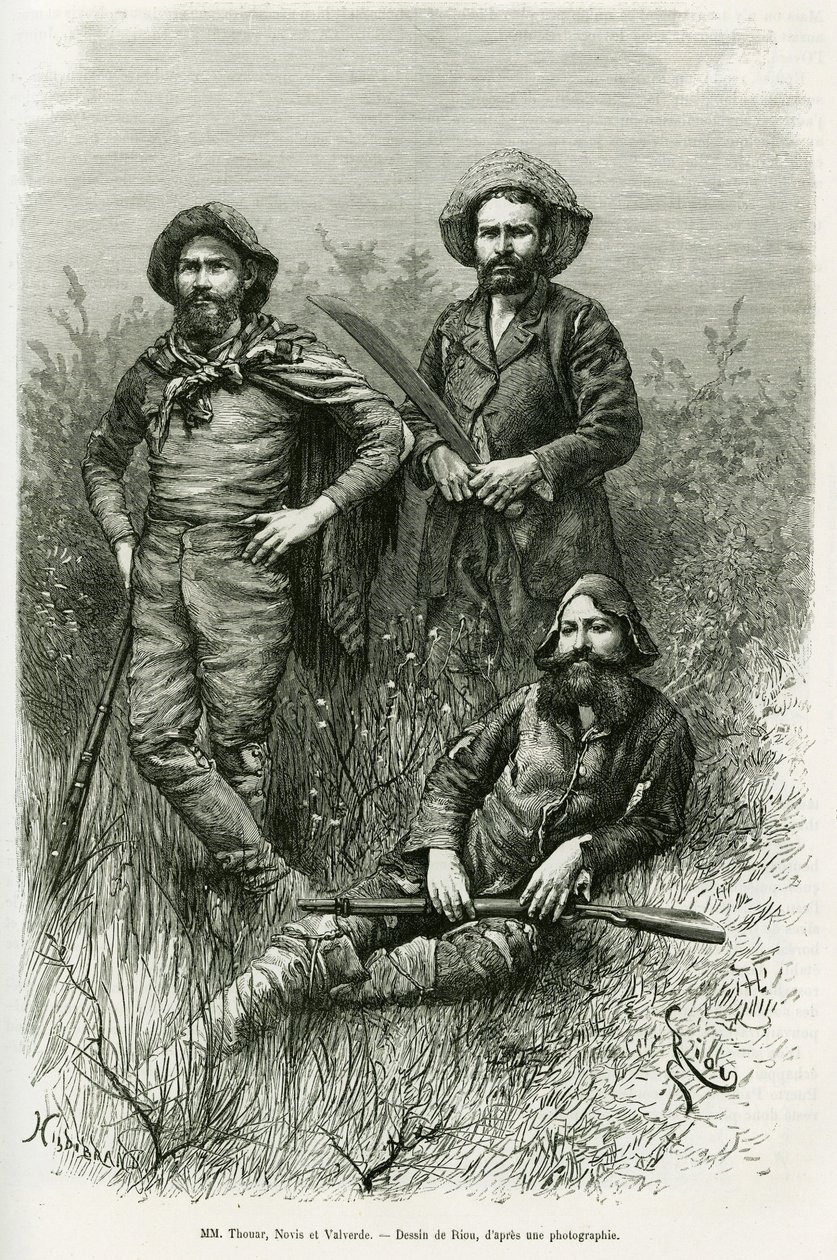 Miembros de la expedición: Sr. Thouar (acostado), Sr. Novis (de pie a la izquierda) y Sr. Valverde (de pie a la derecha). Grabado por Riou, para ilustrar la historia Viaje en el Chaco Boreal de Edouard Riou