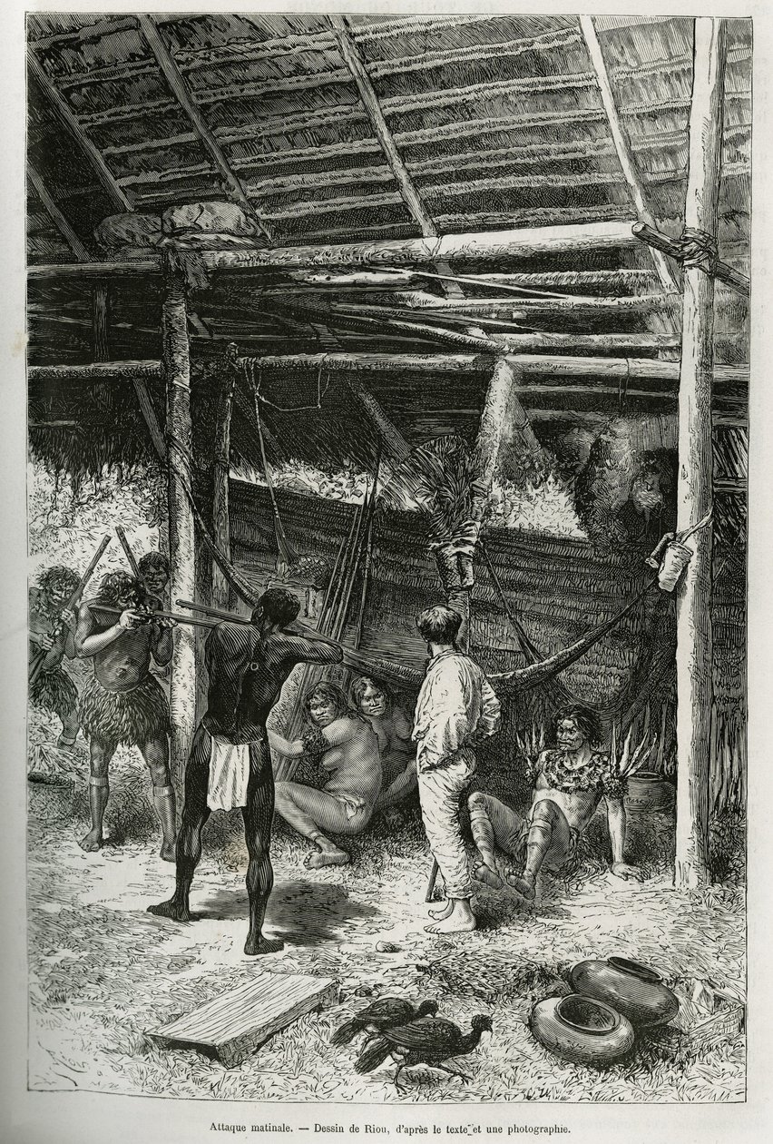 Ataque matutino a la cabaña del explorador por indios de las orillas del Amazonas. Ilustración de la historia de Cayena a los Andes, por Jules Crevaux, doctor de la marina francesa, en 1878-1879, publicado en Le tour du monde, bajo la dirección de Edouard  de Edouard Riou