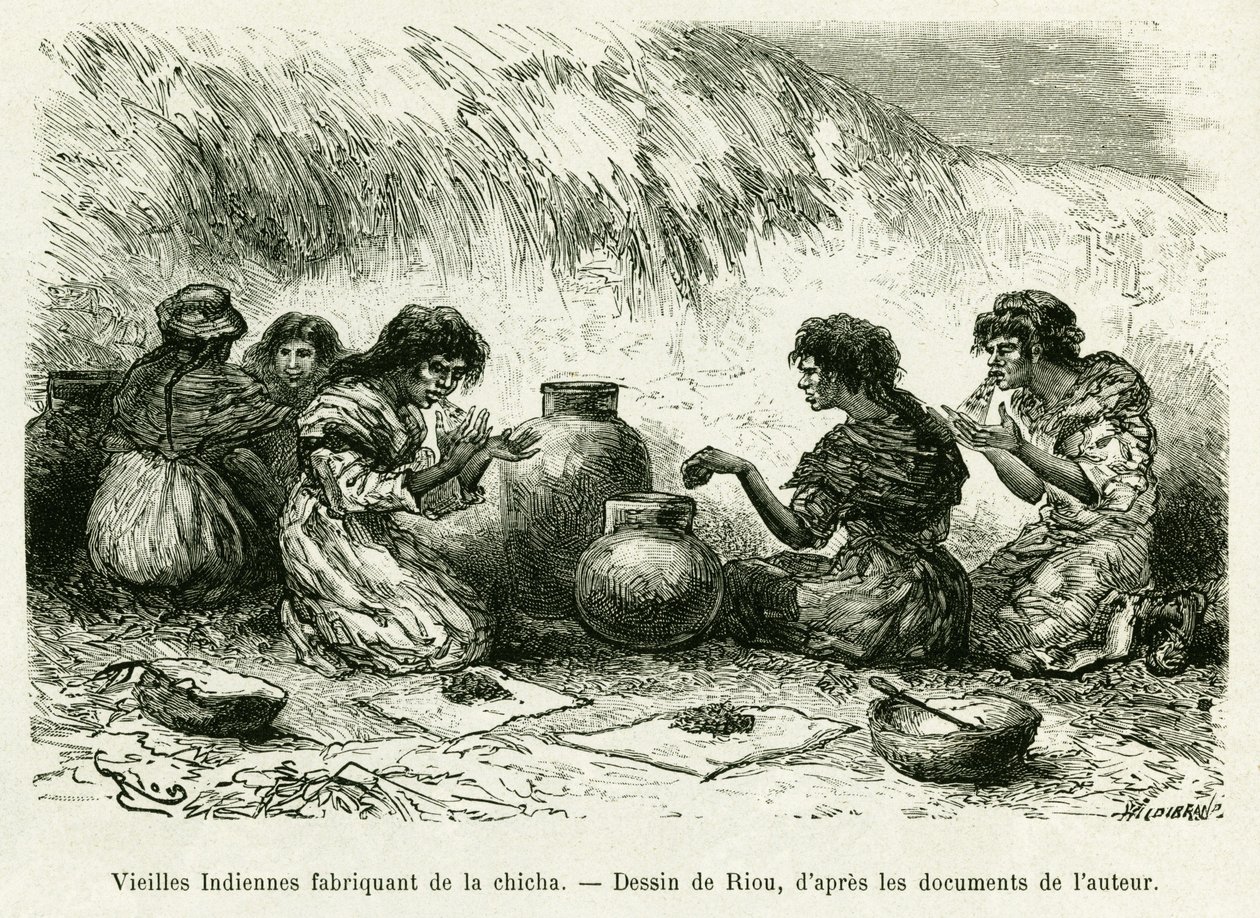 Mujeres indias mayores haciendo shisha. Ilustración de la historia Voyage dans le delta du Pilcomayo et de Buenos Aires a Sucre de Edouard Riou