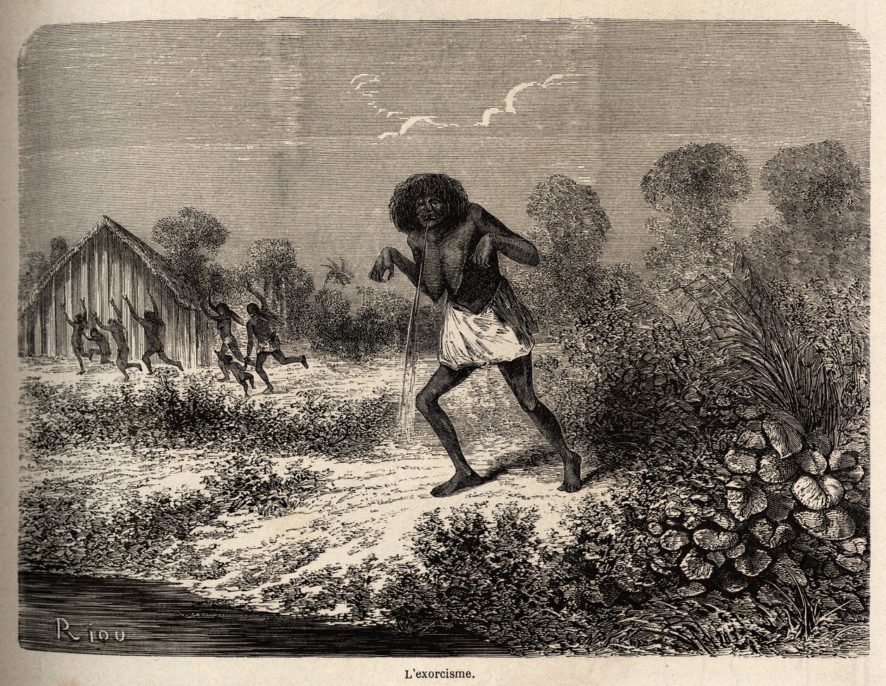 Pánico entre los indios Conibos, que huyeron a la llegada de la expedición de Paul Marcoy cerca de Tumbaya (Perú), quien a su vez fue víctima de una maldición por un viejo indio, dibujo de Riou para ilustrar el viaje, de 1848 a 1860, de P. Marcoy, del Océa de Edouard Riou