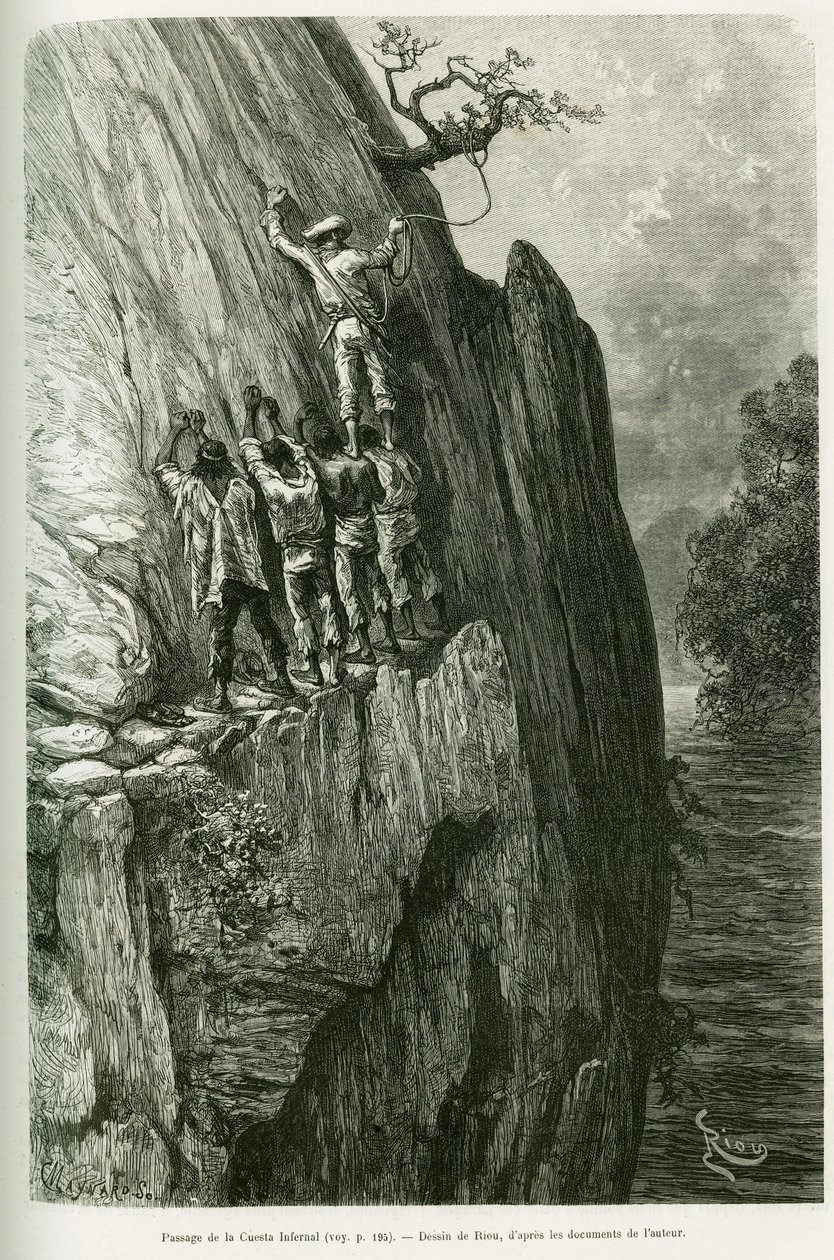 Paso de la Cuesta Infernal. Ilustración de la historia Voyage dans le delta du Pilcomayo et de Buenos Aires a Sucre de Edouard Riou
