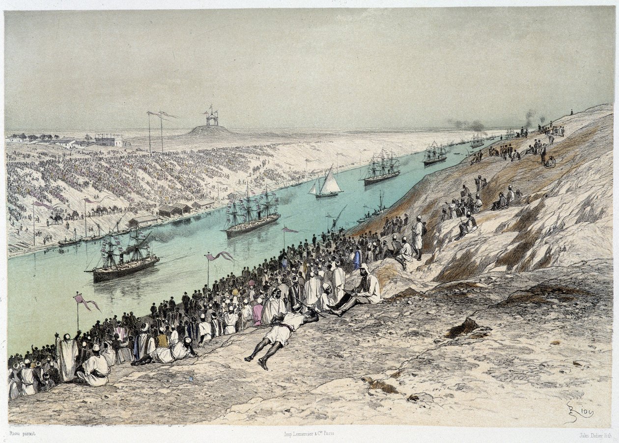 Paso a El-Guisr en "Inauguración del Canal de Suez por G. Nicole. 1869 de Edouard Riou