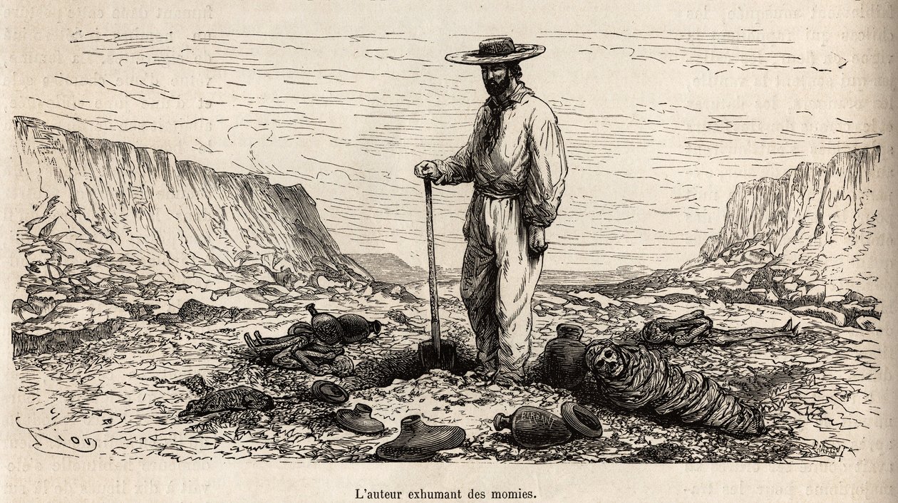 Paul Marcoy exhumando momias incas (Perú), grabado por E.Riou ilustrando el viaje en las montañas, el valle de Huarancalqui y las regiones de Pjonal, de 1862 a 1863, por Paul Marcoy, publicado en "Le tour du monde" 1875, editado por Edouard de Edouard Riou