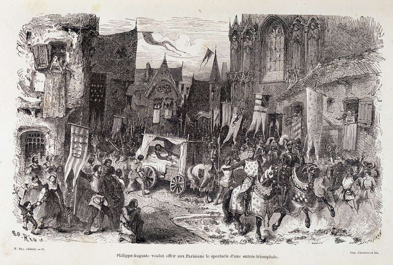 Felipe Augusto quería ofrecer a los parisinos el espectáculo de una salida triunfal. s.f. siglo XII de Edouard Riou