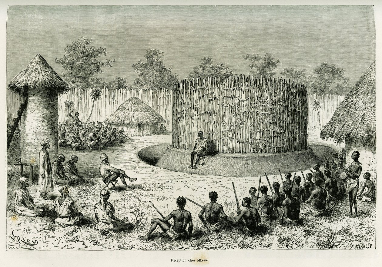 Recepción en Mkwewe, jefe de la tribu, con el narrador. Grabado de Riou para ilustrar la historia Los lagos de África ecuatorial, por Victor Giraud, alférez de barco, en 1883-1885, en Le Tour du monde 1886, bajo la dirección de Edouard Charton (1807-1890), de Edouard Riou