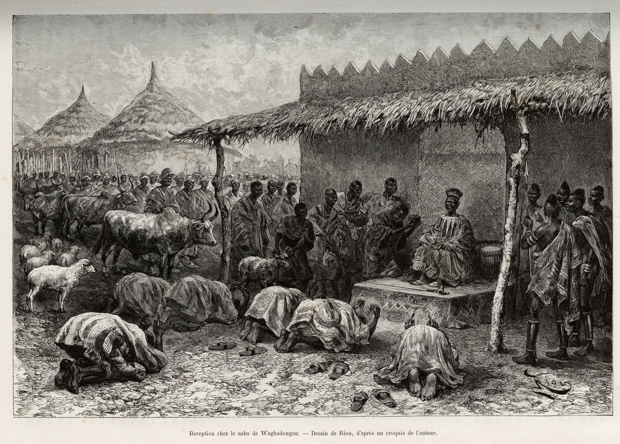 Recepción en el naba Sanem, del reino Mossi (o Mosse) de Waghadougou (Ouagadougou, Burkina Faso). Grabado por Riou, para ilustrar la historia “Del Níger al Golfo de Guinea” de Louis Gustave Binger (1887-1889) de Edouard Riou