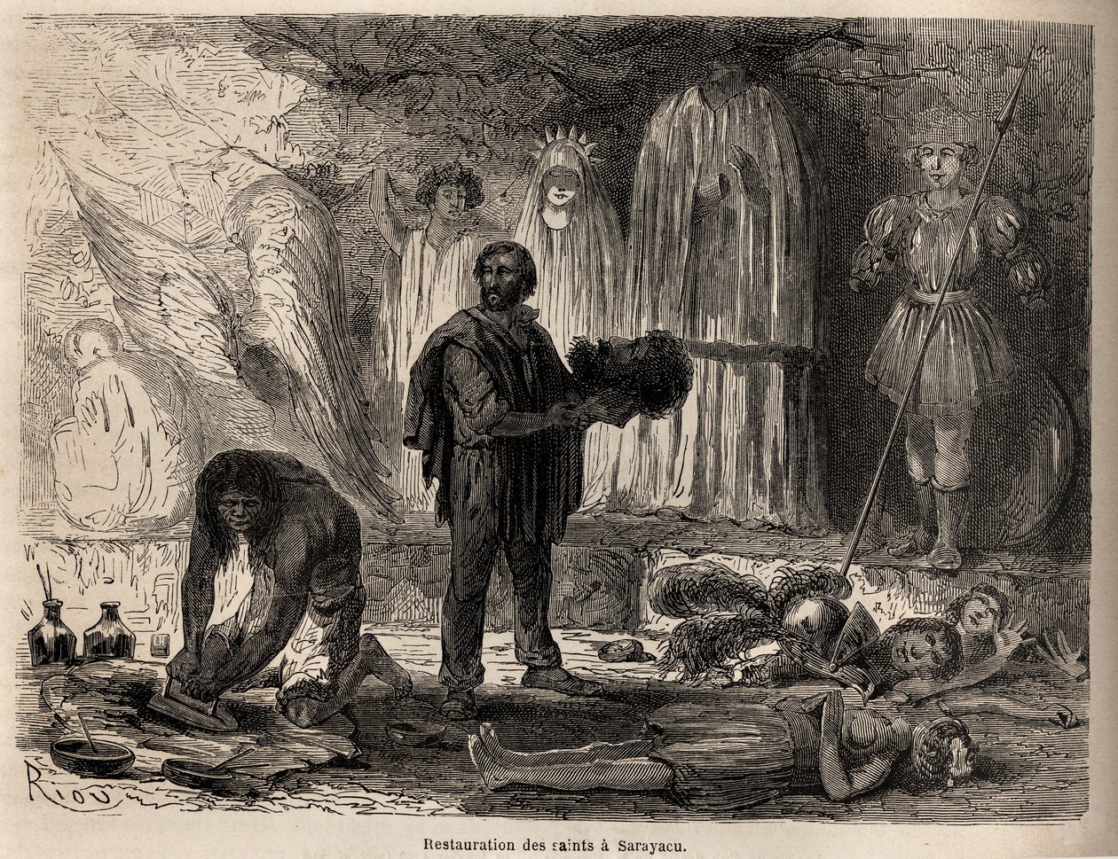 Restauración de estatuas de santos en Sarayacu (Perú), dibujo de Riou, para ilustrar el viaje de Paul Marcoy del Océano Pacífico al Océano Atlántico de 1848 a 1860. Grabado en 