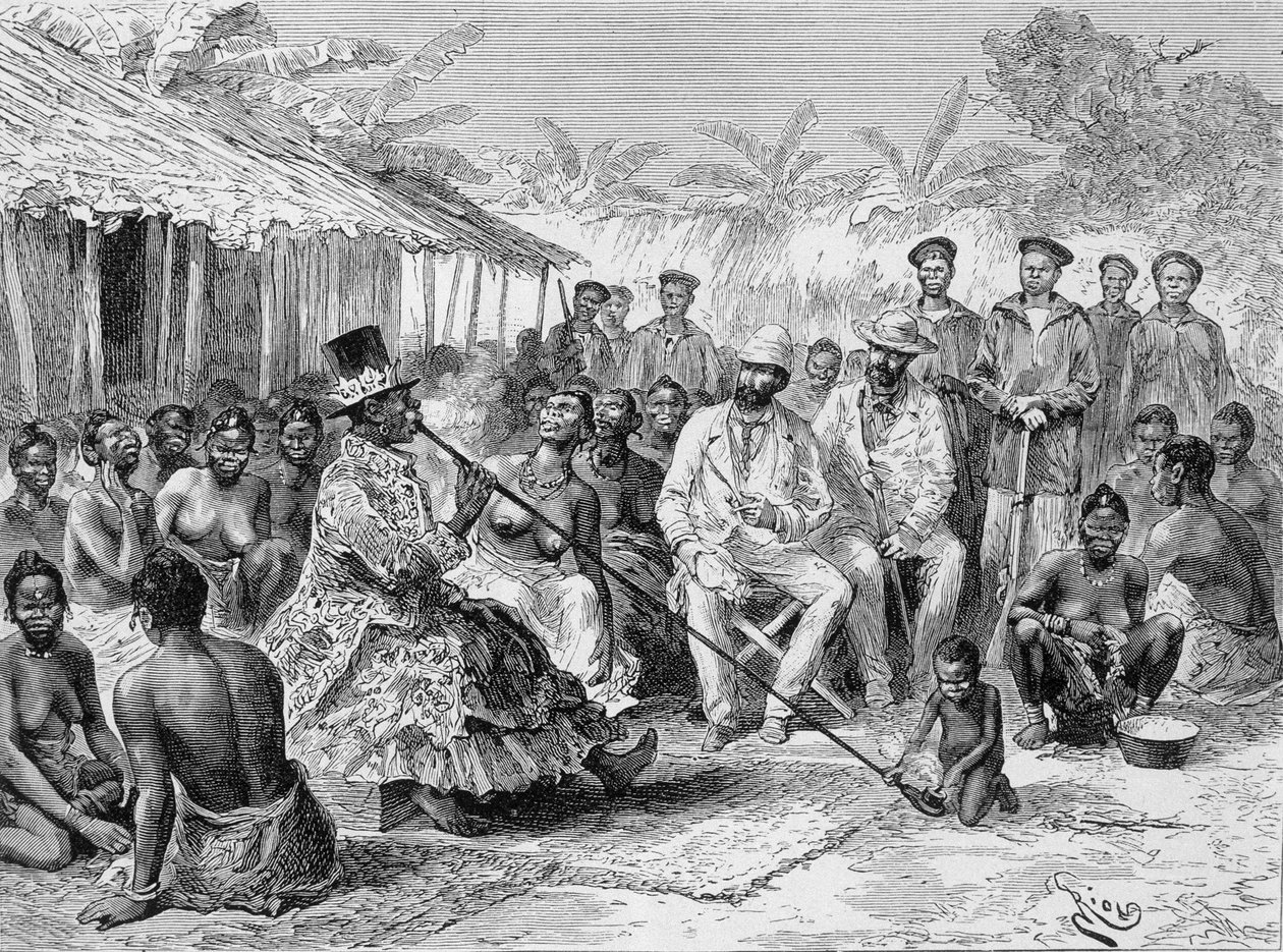 Savorgnan de Brazza conversa con Renoké, líder de la aldea de África Occidental - en “Tour du Monde”, 2ª semana de 1887 de Edouard Riou