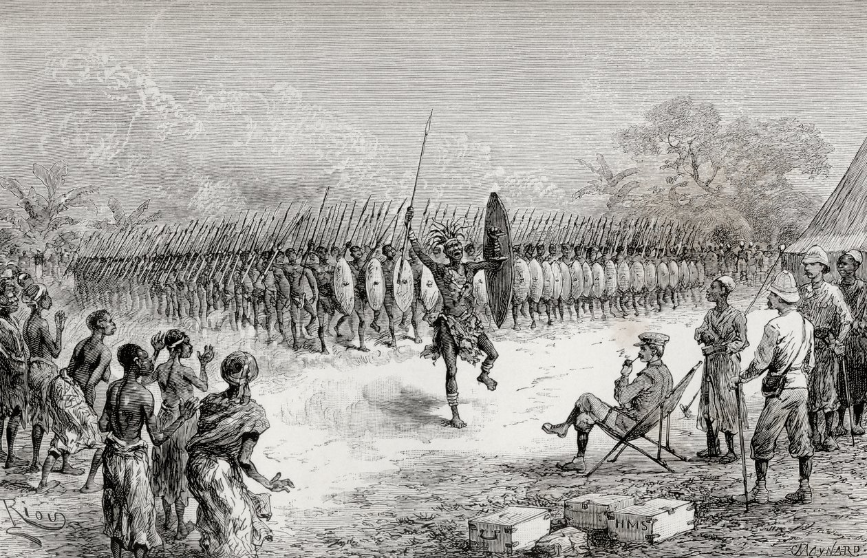 Sir Henry Morton Stanley observando una danza falange por los guerreros de Mazamboni en Usiri, 1890 (grabado en madera) de Edouard Riou