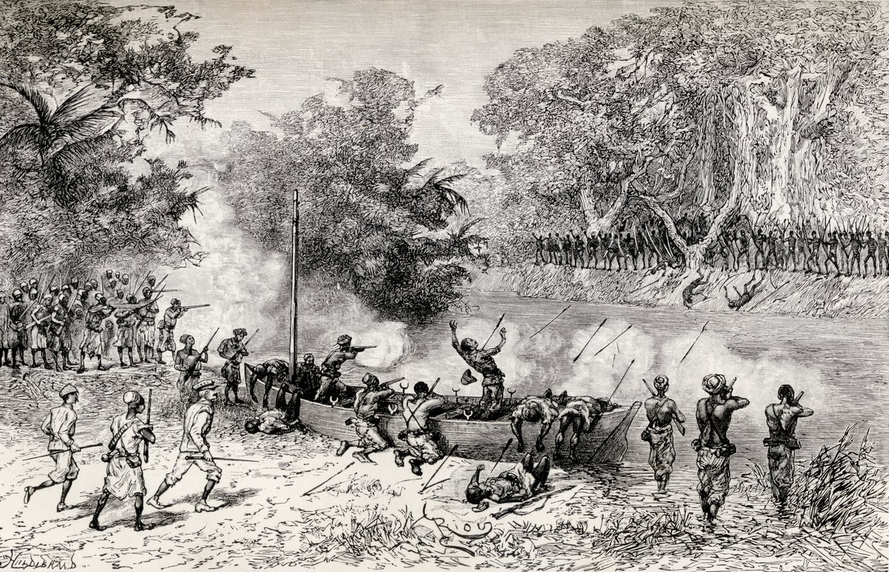 La expedición de socorro de Emin Pasha de Sir Henry Morton Stanley siendo atacada por caníbales Avisibba con flechas envenenadas, 1890 de Edouard Riou