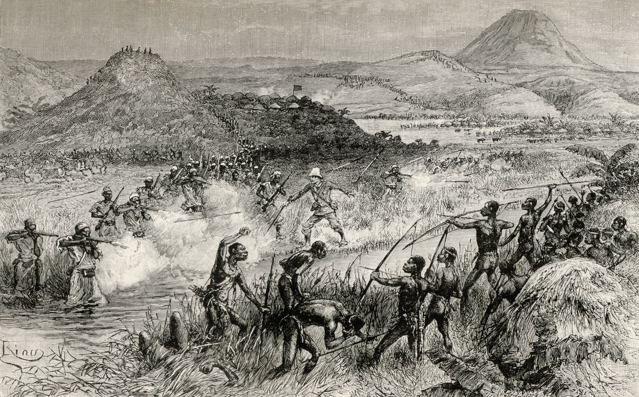 Primer encuentro de Sir Henry Morton Stanley con el pueblo Mazamboni, 1890 de Edouard Riou