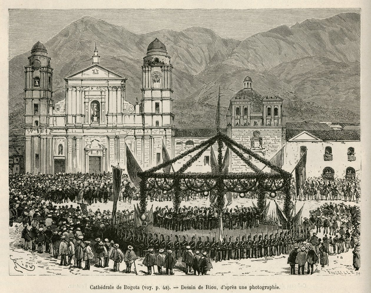 La Catedral de Bogotá, en la Plaza Bolívar (Colombia), durante la celebración anual de la Independencia (18 de diciembre), para esta ocasión, se instaló un quiosco efímero para albergar la banda de la orquesta, dibujo de E.Riou, para ilustrar el viaje a Am de Edouard Riou