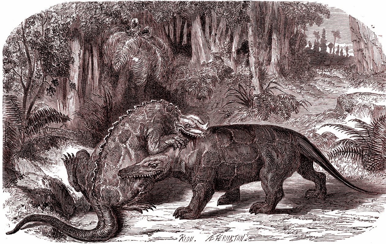 El Iguanodonte y el Megalosaurio (grabado) de Edouard Riou