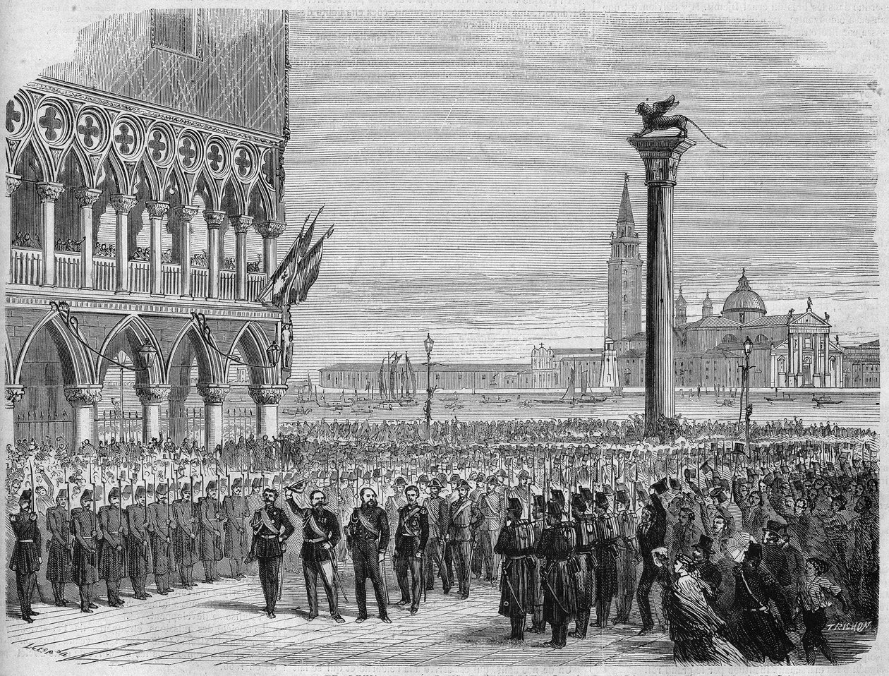 El rey de Italia Víctor Manuel II (Vittorio Emanuele) en Venecia en la Plaza de San Marcos. Después de la derrota de los austriacos en Sadowa, Venecia fue recuperada para el Reino de Italia en 1866. Grabado según un dibujo de Crepon y Riou. En “ de Edouard Riou