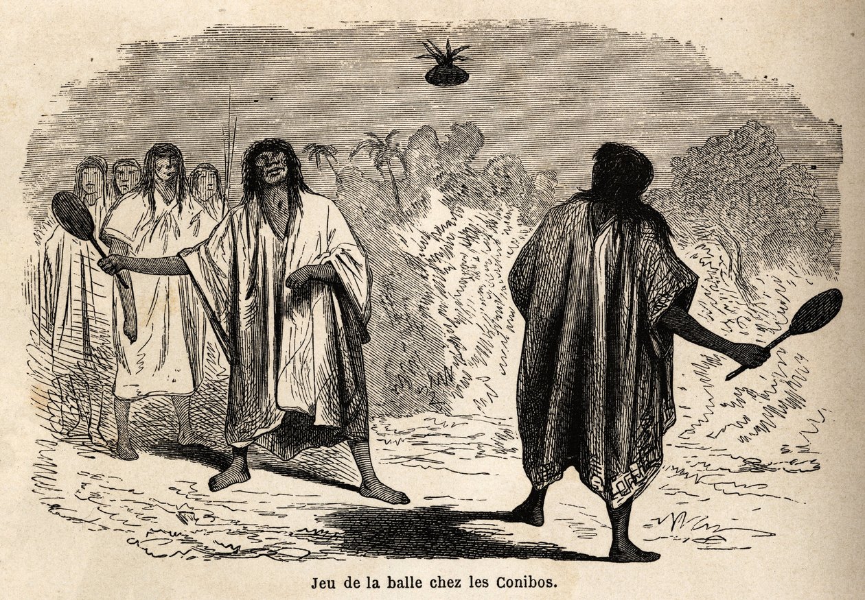 El juego de pelota, entre los indios conibos de Perú, dibujo de Riou para ilustrar el viaje, de 1848 a 1860, de P. Marcoy, del Océano Pacífico al Océano Atlántico. Grabado en 