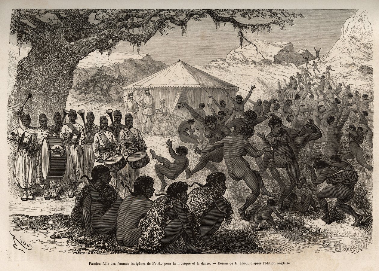 La banda de la expedición atrae a las mujeres y niños del pueblo de Fatiko (República Centroafricana) y provoca una apasionada pérdida de danza, grabado después de un dibujo de E.Riou ilustrando una expedición en África Central, para la supresión de la esc de Edouard Riou