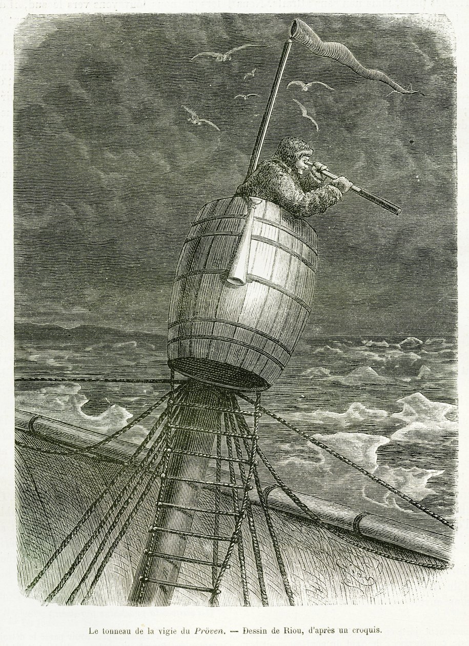 El barril de la guardia del barco Proven, dibujo de Riou, para ilustrar la historia del profesor Nils Adolf Erik (Eric) Barón Nordenskjold (Nordenskiold) (1832-1901): expedición polar sueca, en 1875. Grabado en Le tour du monde de Edouard Riou