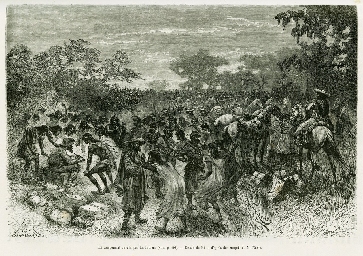 El campamento invadido por los indios (grabado) de Edouard Riou