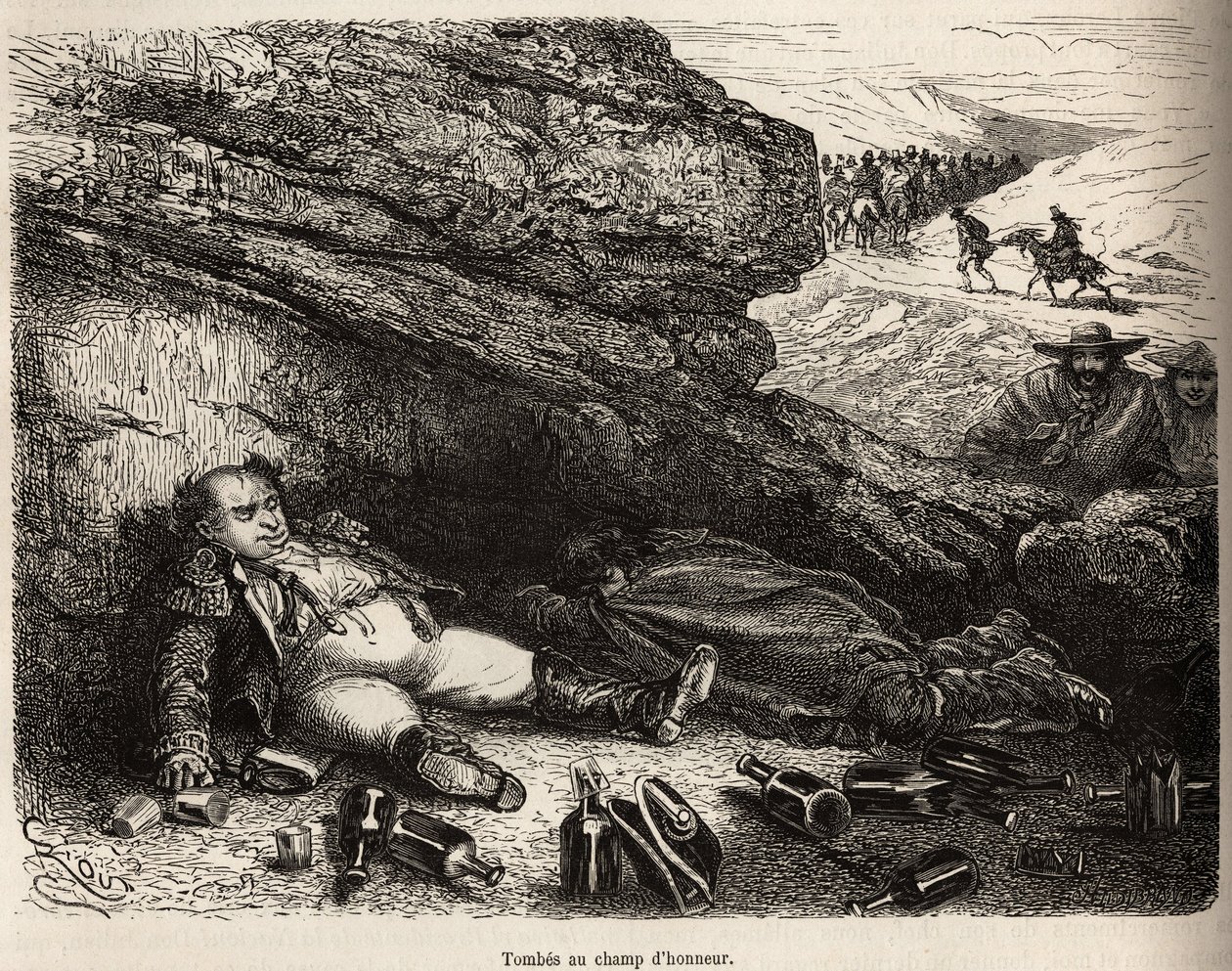 El coronel del genio y su ayudante de campo, borrachos después de la pequeña fiesta dada por los notables de Cailloma, se esconden detrás de las rocas, el narrador y su compañero de viaje, en el fondo, la tropa de notables regresa a casa, grabado por E.Rio de Edouard Riou