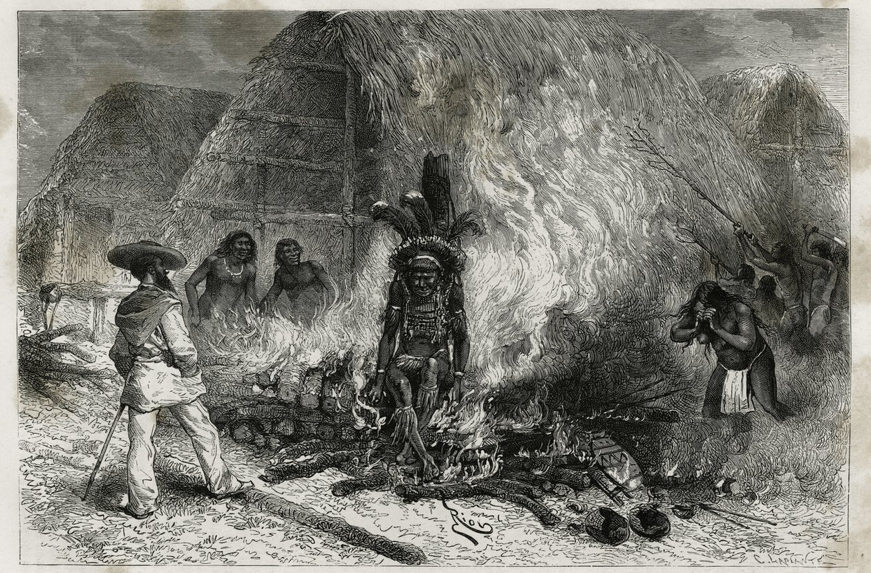 La cremación de un Roucouyenne (o wayana), tribu que vive a lo largo de los ríos Mana y Maroni, frente a la pira, Dr. Crevaux, grabado por Riou, ilustración del viaje de exploración en el interior de Guayana por el Dr. Jules Crevaux, médico de la marina fr de Edouard Riou