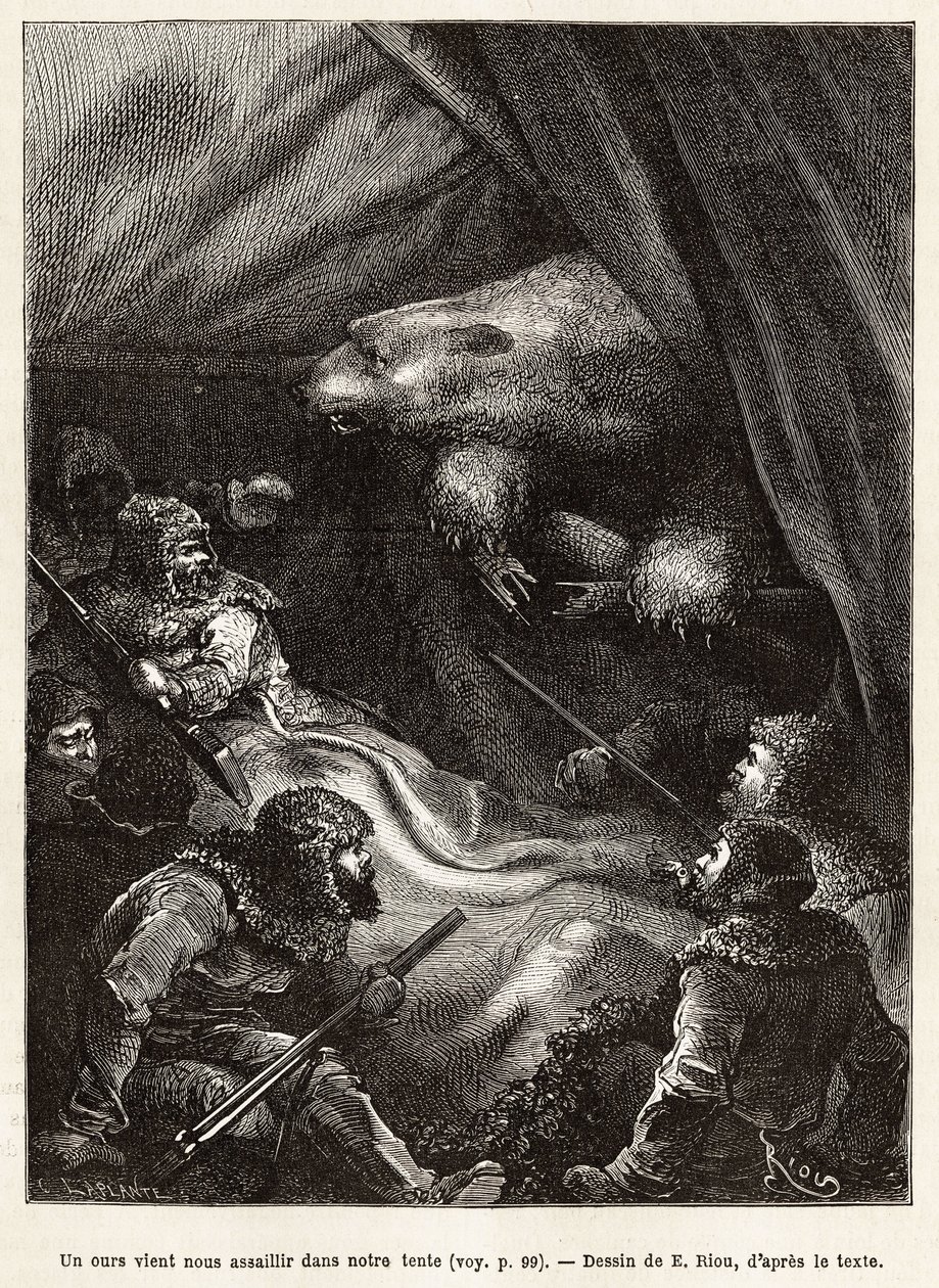 La tripulación del barco La Germania, descendida sobre el hielo para una partida de caza, montó una tienda para acampar, que es visitada por un oso polar mientras los hombres estaban aprensivos para acostarse, grabado después del dibujo de E.Riou, ilustran de Edouard Riou