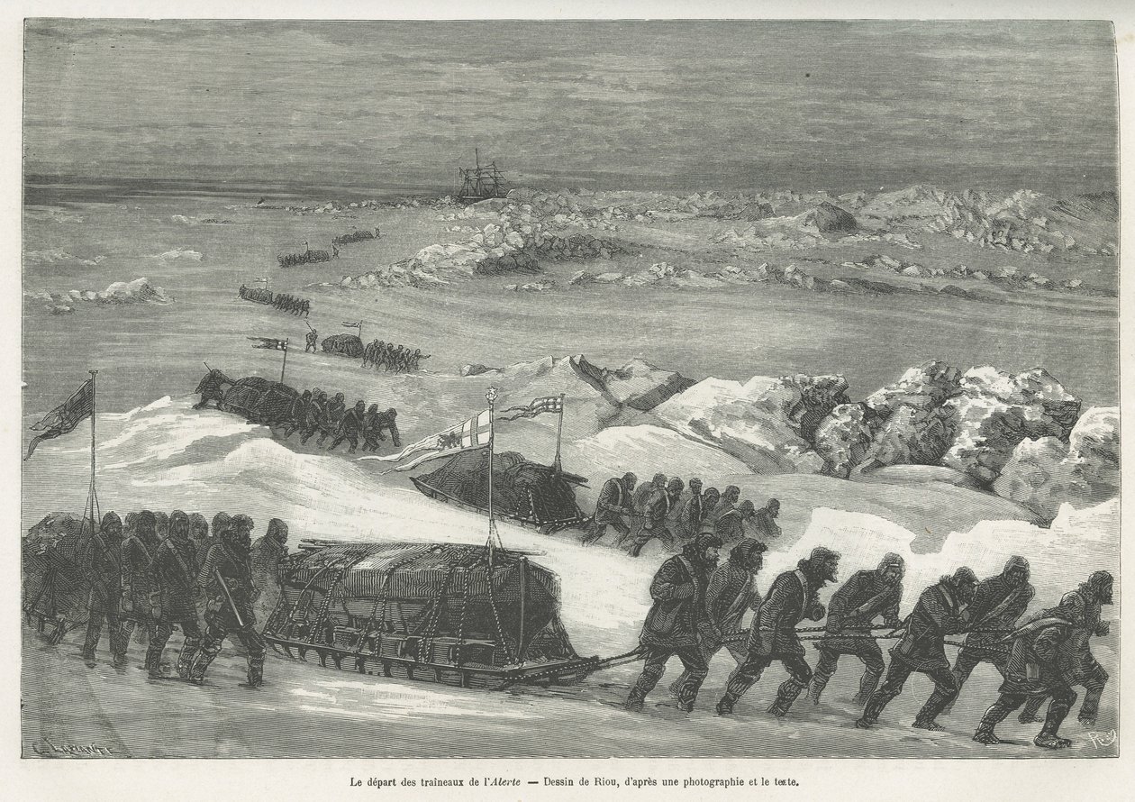 La partida de los trineos Alert, barco de la expedición polar, dibujo de Riou, para ilustrar la historia de un viaje al mar polar en 1875-1876, por el Capitán G.S.Nares. Grabado en Le tour du monde de Edouard Riou