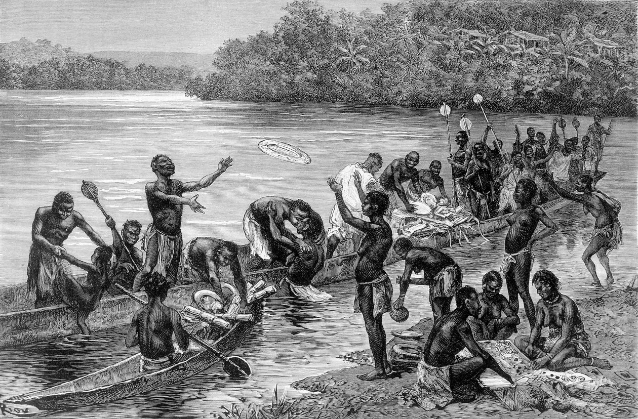 Las diferentes actividades de la tribu del pueblo de Adouma en África. En “Viaje en el África Occidental” por Brazza de Edouard Riou