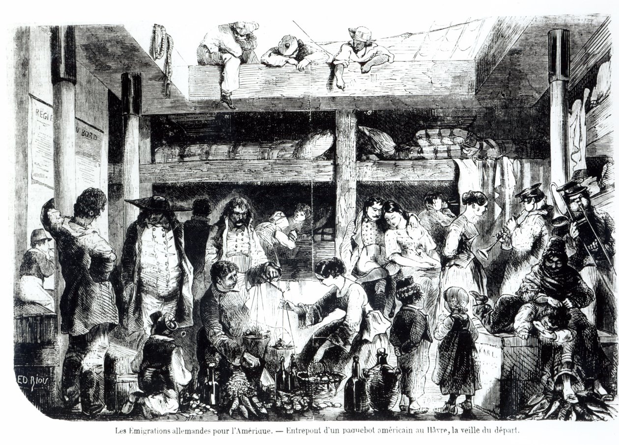 La víspera de la partida a América - Emigrantes alemanes partiendo hacia EE.UU. en la sección de tercera clase de un transatlántico americano en el puerto de Le Havre, c.1850 de Edouard Riou