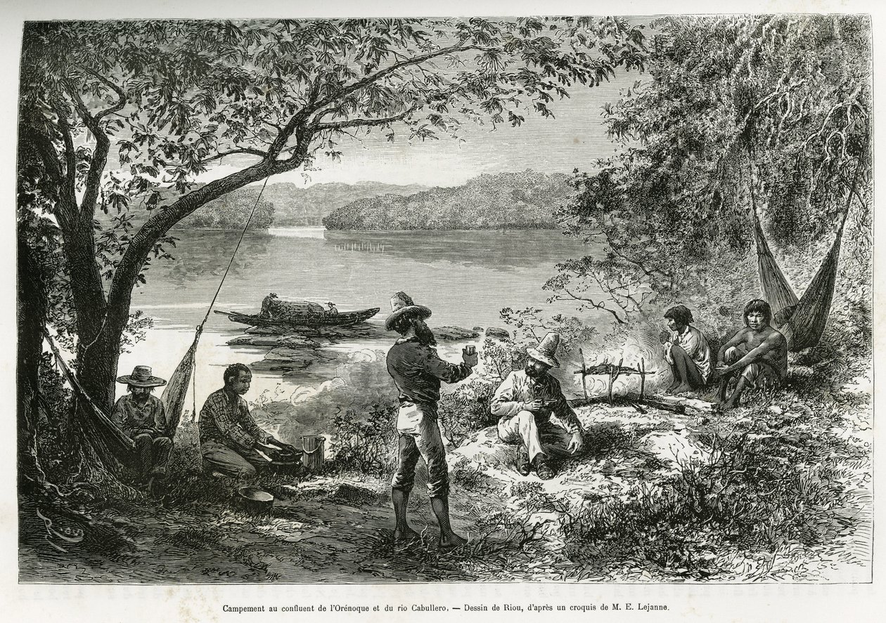 El campamento de los exploradores, en la confluencia del Orenoque y el río Cabullero. Grabado por Riou, para ilustrar el viaje de exploración por Nueva Granada y Venezuela, por el Doctor Crevaux, médico de primera clase de la marina y E. Lejeanne, farmacéu de Edouard Riou