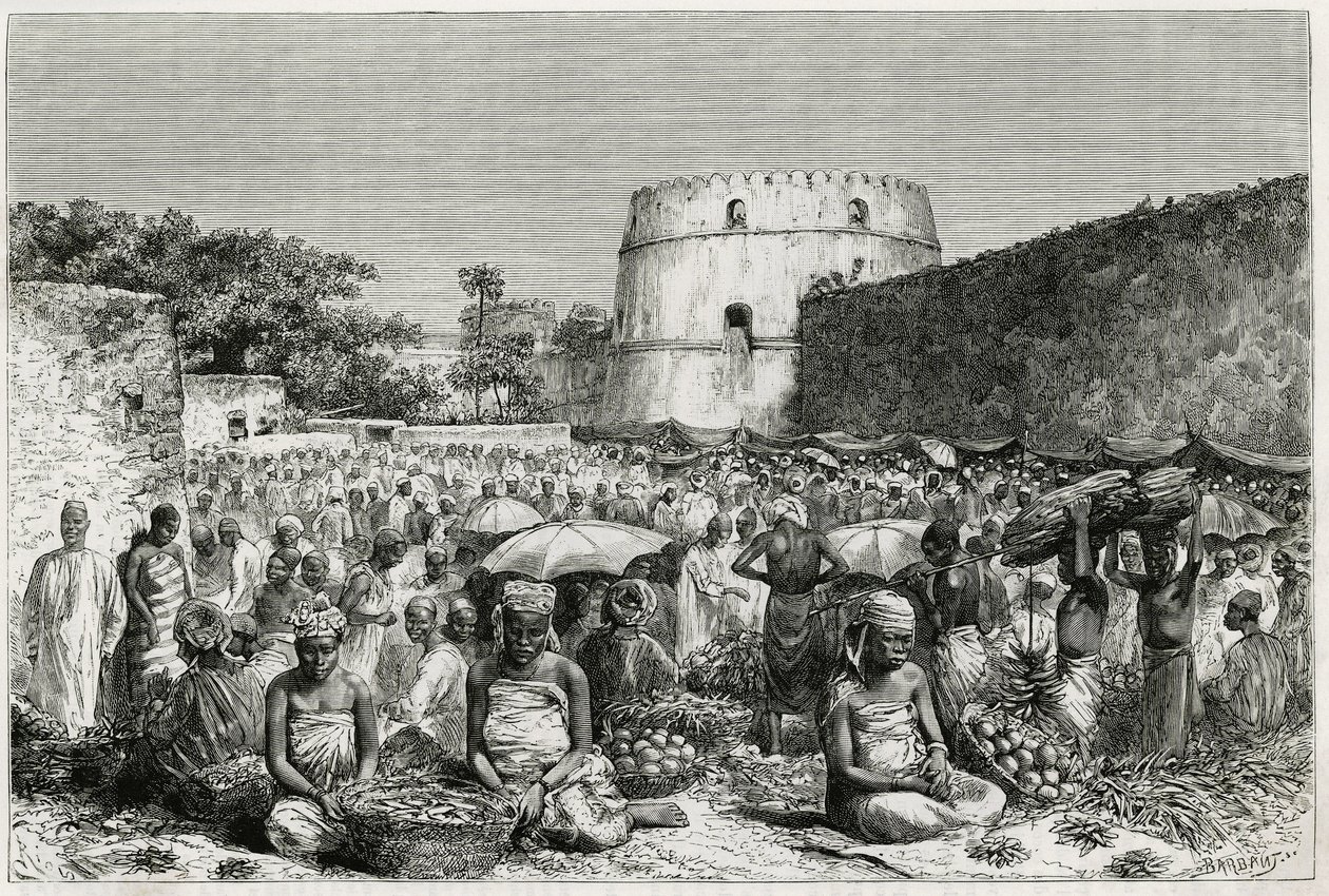 El mercado de frutas de Zanzíbar (Tanzania). Grabado de Riou, para ilustrar la historia "Viaje a Benadir, los Omalíes y el Bayoun" en 1882-1883, por M.G. Revoil. Publicado en Le Tour du monde, nuevo diario de viajes. de Edouard Riou