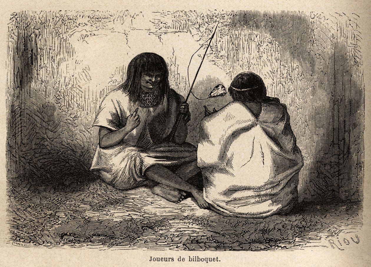 El juego del bilboquet, con cabeza de tortuga, entre los indios Conibos de Perú, dibujo de Riou para ilustrar el viaje, de 1848 a 1860, de P. Marcoy, del Océano Pacífico al Océano Atlántico. Grabado en "Le tour du monde", editado por Edouard Charton de Edouard Riou